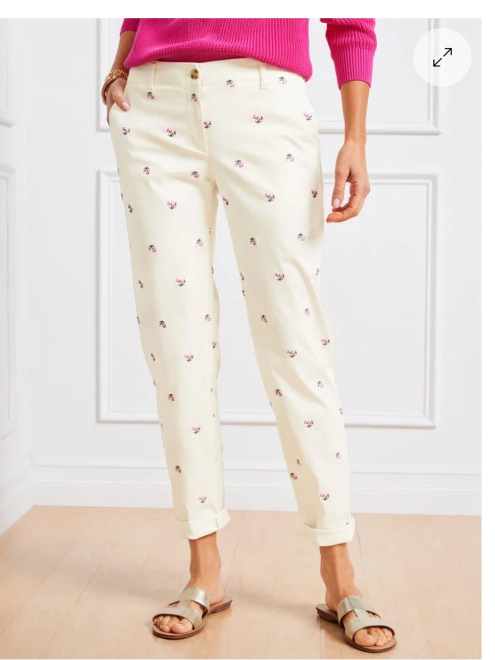 Talbots relaxed Chino ankle length white with orange and green print berries S14